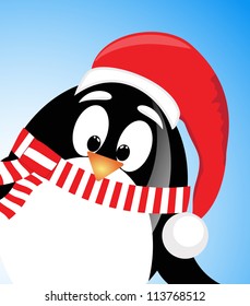 vector cute Santa Claus Penguin on blue background