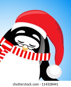 vector cute Santa Claus Penguin on blue background