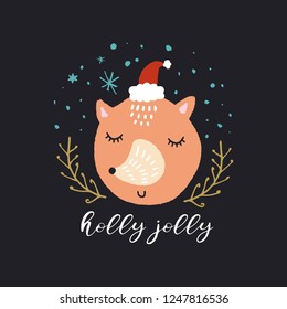 Vector cute Santa fox face. Merry Christmas, Holly Jolly. Nursery holiday illustration. It can be used for wall art, greeting card, poster, kids apparel.