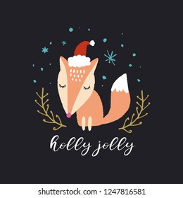 Vector cute Santa fox. Merry Christmas, Holly Jolly. Nursery holiday illustration. It can be used for wall art, greeting card, poster, kids apparel.