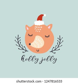 Vector cute Santa fox. Pastel nursery art. Merry Christmas, Holly Jolly. Nursery holiday illustration. It can be used for wall art, greeting card, poster, kids apparel.