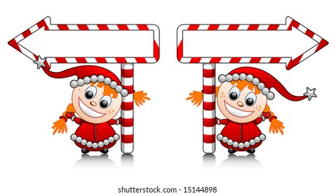 Vector cute Santa helper girl with arrows for your text