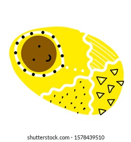 Vector cute Scandinavian children's doodle. African American Baby in Cozy yellow blanket with ornament Isolated on white background. Kawaii Smiling character wrapped in diapers. Newborn boy or girl
