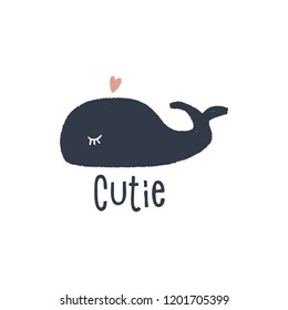Vector cute scandinavian style whale art. Isolated silhouette, nice little animal. Baby shower postcard