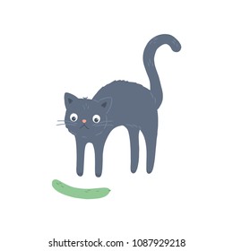 Vector cute scared cat and cucumber illustration, isolated on white background