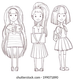 Vector cute school girls set isolated on white