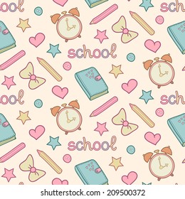 Vector cute school seamless pattern with diary, alarm clock, colored pencils, bow, heart, star. Cute school background.
