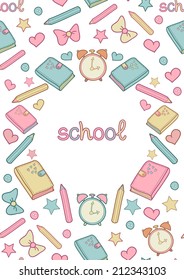 Vector cute school seamless pattern frame with diary, alarm clock, colored pencils, bow, heart, star and text school.  Can be used for album cover, school notebook cover, school diary