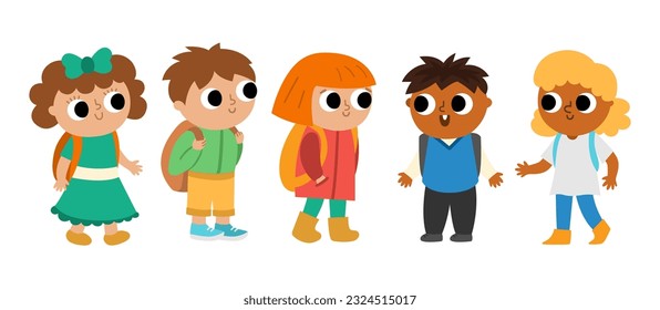 Vector cute schoolchildren with backpacks. Back to school character illustration. Boys and girls of different nationalities. Funny chatting kids with schoolbags isolated on white background
