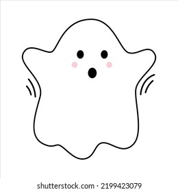 Vector with cute screaming ghost. Flying spirit in flat design. Outline phantom on white background. Doodle ghost. Halloween.