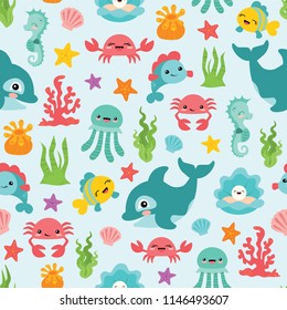 Vector Cute Sea Animals Seamless Pattern Background. Perfect for fabric, scrapbooking, kids, stationary, and home decor projects.