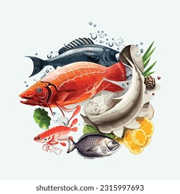 vector cute seafood cartoon style
