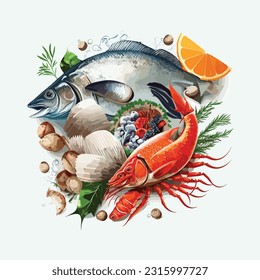 vector cute seafood cartoon style