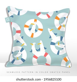 Vector Cute Seagull and Buoy Cartoon Pattern in Pastel Colors.