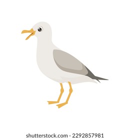 Vector lindo gaviota aislado en blanco. Caricatura de aves marinas divertidas. Icono plano.