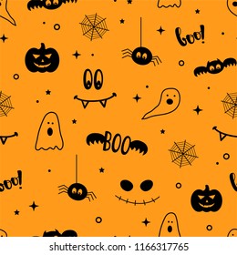 Vector cute seamless background. Halloween design. Simple pattern wirh monster smile, ghoul, spider, bat. Fabric textile print. Black and orange color