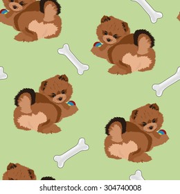 Vector cute seamless dog pattern with pomeranian spitz puppy and bones.