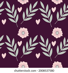 Vector cute seamless floral pattern with pink roses and flowers, heart, leaves, herbs in vintage style for fabrics, paper, textile, gift wrap isolated on bordo background  