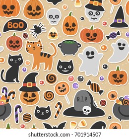Vector cute seamless Halloween pattern. Smiling and funny cartoon characters: pumpkin, ghost, cat, bat, candy jar. 