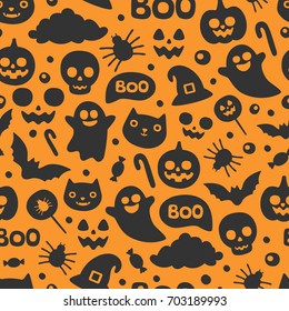 Vector cute seamless Halloween pattern. Black silhouettes on orange background. Ghost, cat, spider, skull, bat
