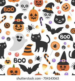 Vector cute seamless Halloween pattern. Smiling and funny cartoon characters pumpkin, ghost, cat, bat, candy, spider. 