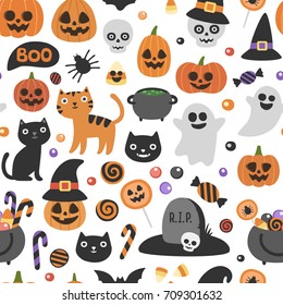 Vector cute seamless Halloween pattern with pumpkin, ghost, cat, bat, candy jar on white background