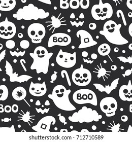 Vector cute seamless Halloween pattern. Smiling and funny cartoon characters pumpkin, ghost, cat, bat, candy, spider. black and white