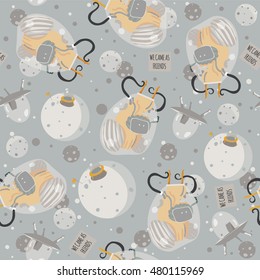 Vector cute seamless illustration with lovely aliens, space ship and little planet. Grey and yellow colors. Kind childish pattern, good for creative wrapping paper design.