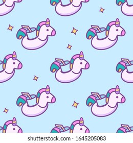 Vector cute seamless linear unicorn drink holder for pool pattern with stars in doodle cartoon style on blue pastel background