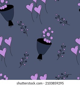 Vector. Cute seamless love pattern with bouquets, branches, heart-shaped balloons, hand-drawn sketches. Doodle illustration in cartoon style. Festive design for print and textile, wallpaper, wrapping.