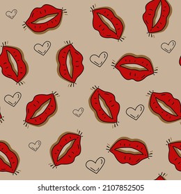 Vector. Patrón de amor perfecto con contornos dibujados a mano de corazones y labios rojos. Esbozo estilo caricatura. Plantilla de diseño para postales, impresos, afiches, fiestas, Día de San Valentín, textil, papel envolvente.
