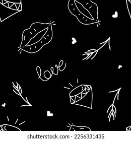 Vector. Cute seamless love pattern with hand drawn contour hearts, red lips, arrows, diamonds. Cartoon style sketch for Valentine's Day, Birthday, Women's Day and wedding design. Wrapping, textile.