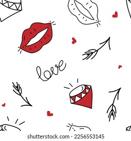 Vector. Cute seamless love pattern with hand drawn contour hearts, red lips, arrows, diamonds. Cartoon style sketch for Valentine's Day, Birthday, Women's Day and wedding design. Wrapping, textile.