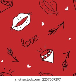 Vector. Patrón de amor sin fisuras con corazones de contorno dibujados a mano, labios rojos, flechas, diamantes. Esbozo estilo caricatura para San Valentín, cumpleaños, día de la mujer y diseño de bodas. Envoltura, textil.