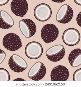 Vector cute seamless pattern with abstract coconut half part, whole fruit and pastel colors