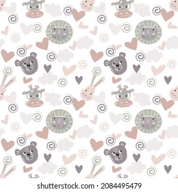 Vector cute seamless pattern with animal face bear and rabbit, lion, giraffe in Scandinavian style for fabrics, paper, textile, gift wrap isolated on blue background for kids room or textile