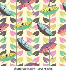 Vector Cute seamless pattern with autumn leaves and umbrellas Colorful seasonal background. 