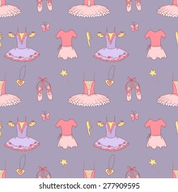 Vector cute seamless pattern with ballet school elements for little girl princess