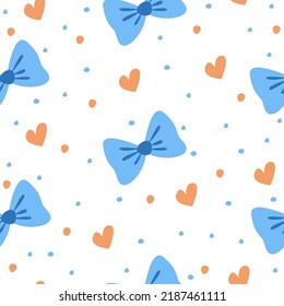 Vector cute seamless pattern with blue bows, hearts and dots. Cartoon wallpaper for nursery, wrapping paper, notebooks