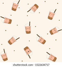 Vector - Cute seamless pattern Boba or Bubble milk tea with pearl on brown background. Emotion. Can be use for fabric, print, paper, wrapping, pillow case. Popular beverage in Asia.