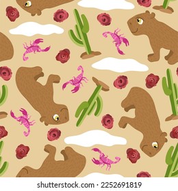 Vector cute seamless pattern with capybaras, cactuses, scorpions, roses and clouds on light beige background.