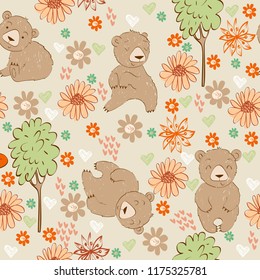 Vector cute seamless pattern with cartoon bears