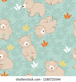 Vector cute seamless pattern with cartoon bears