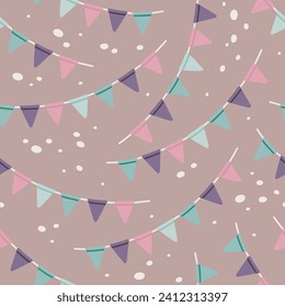 Vector cute seamless pattern with cartoon party flags, confetti and pastel colors.