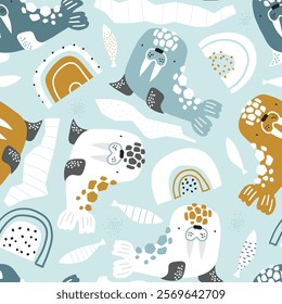 Vector cute seamless pattern with cartoon walrus, ice floes, fish, rainbow and snow . Arctic animals. Winter. Kids texture for fabric, wrapping, textile, wallpaper. Nursery. Baby. Animal print.