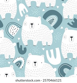 Vector cute seamless pattern with cartoon polar bear, rainbow, snow on blue background. Arctic animals. Winter. Kids texture for fabric, wrapping, textile, wallpaper. Nursery. Baby. Animal print.