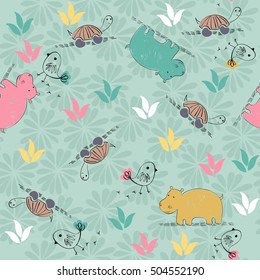 vector cute seamless pattern with cartoon animals.