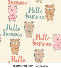 Vector cute seamless pattern with cartoon bear. Hello summer