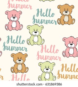 Vector cute seamless pattern with cartoon bear. Hello summer