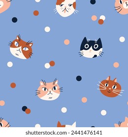 Vector cute seamless pattern with cats and colorful dots. Cat seamless fabric design. Kids illustrated animals on blue background. Simple kawaii animal illustration.